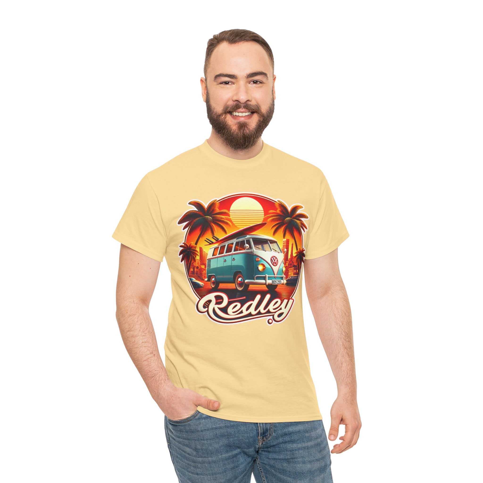 Vintage Surf Van T-Shirt – Retro Beach Sunset Tee with 'Redley' Script