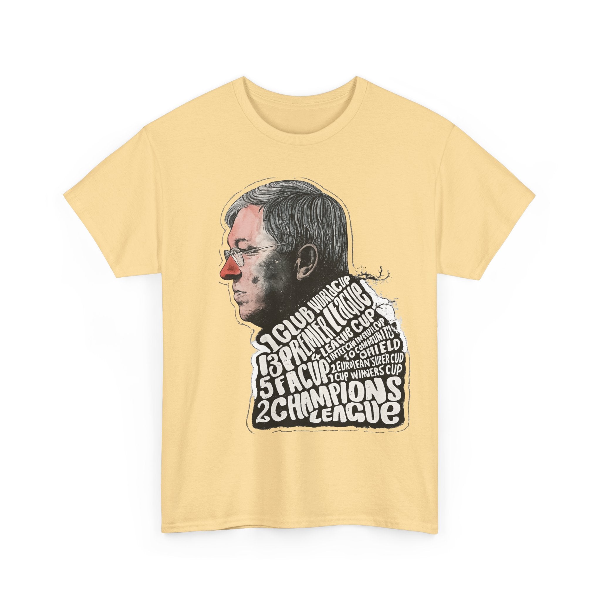 SIr Alex Ferguson Achievements Vintage Football Manager Profile Tee — Illustrated Head with Trophy Text Design