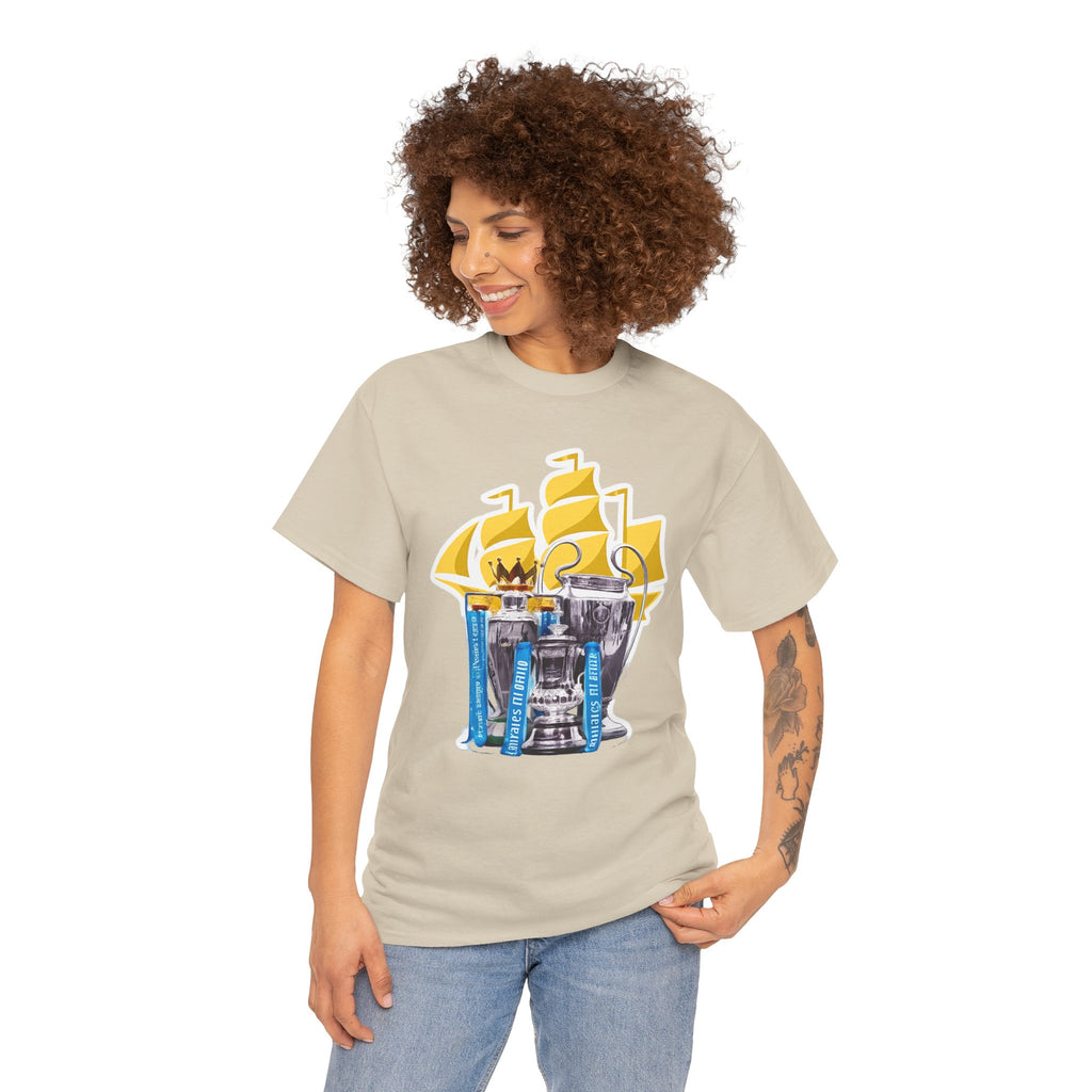Manchester City Champions Trophy Tee – Golden Cups & Blue Scarves Football Fan Shirt