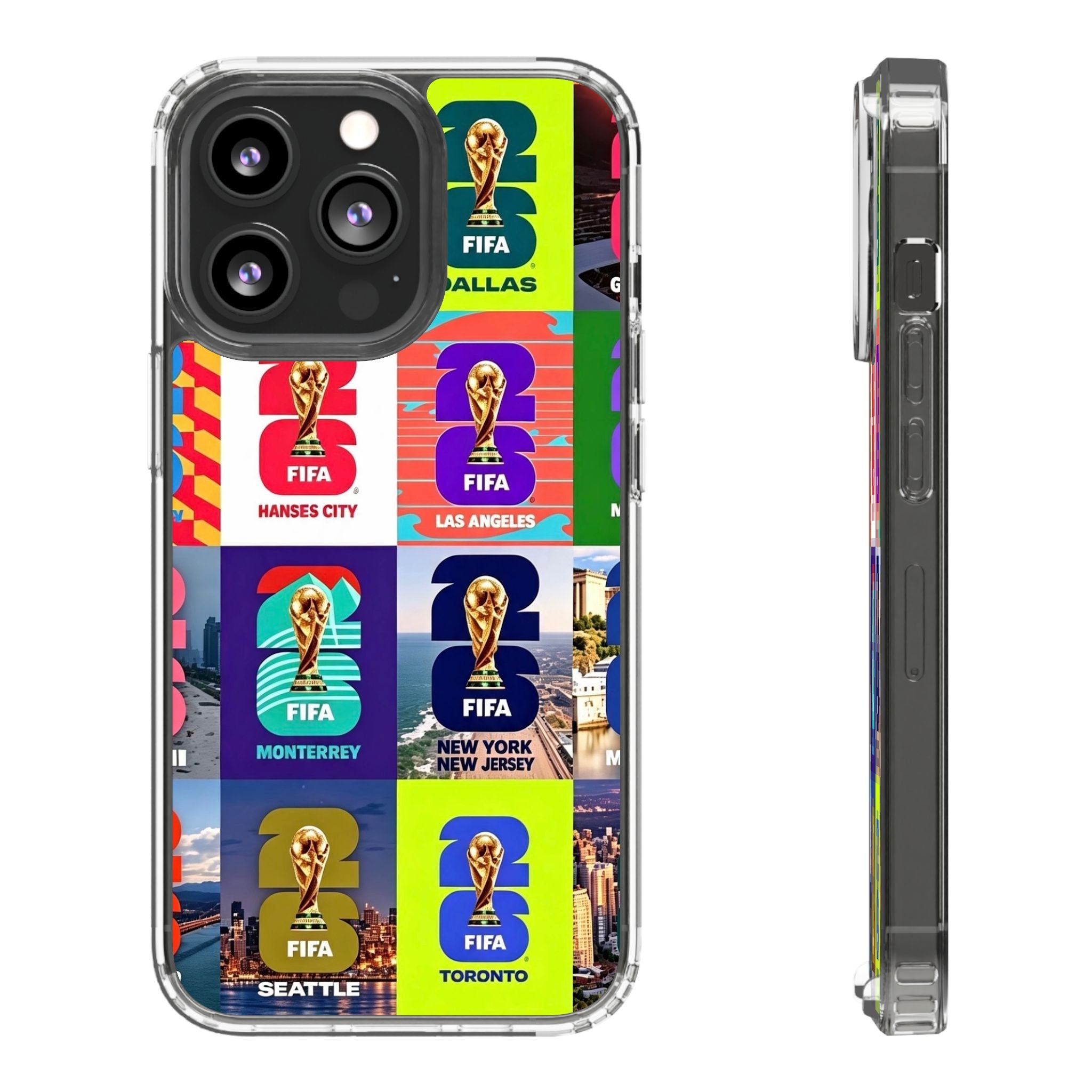 FIFA World Cup Pop Art Clear Phone Case — City Badge Collage (Dallas, LA, Monterrey, Toronto, Seattle)