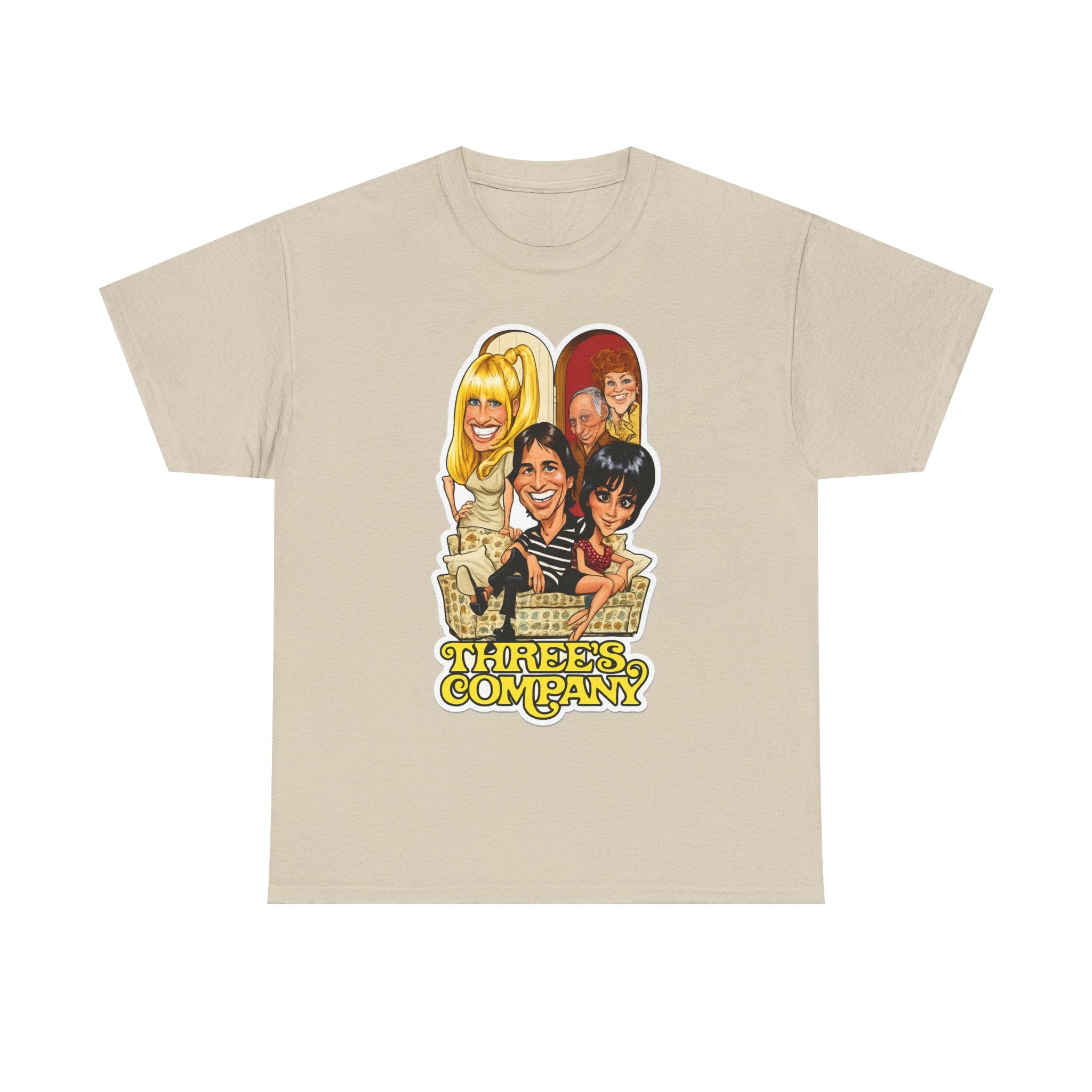 Three's Company Retro TV Tee — Vintage Sitcom Caricature T-Shirt