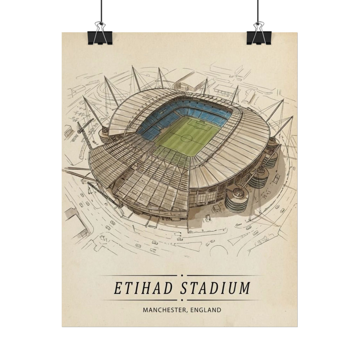 Etihad Stadium Poster — Vintage Aerial Football Stadium Print (Rolled Poster)