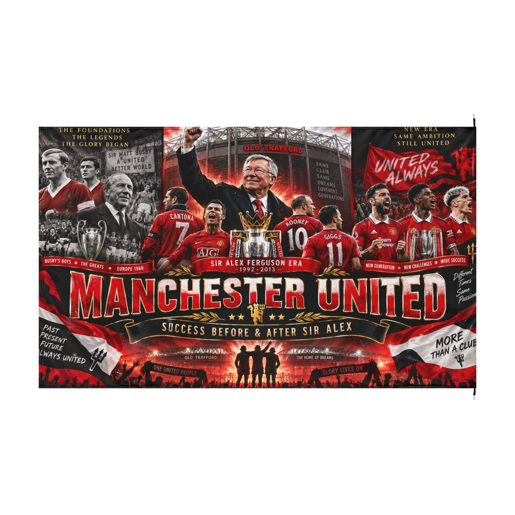 Manchester United Double-Sided Fan Flag — Sir Alex & Legends Collage