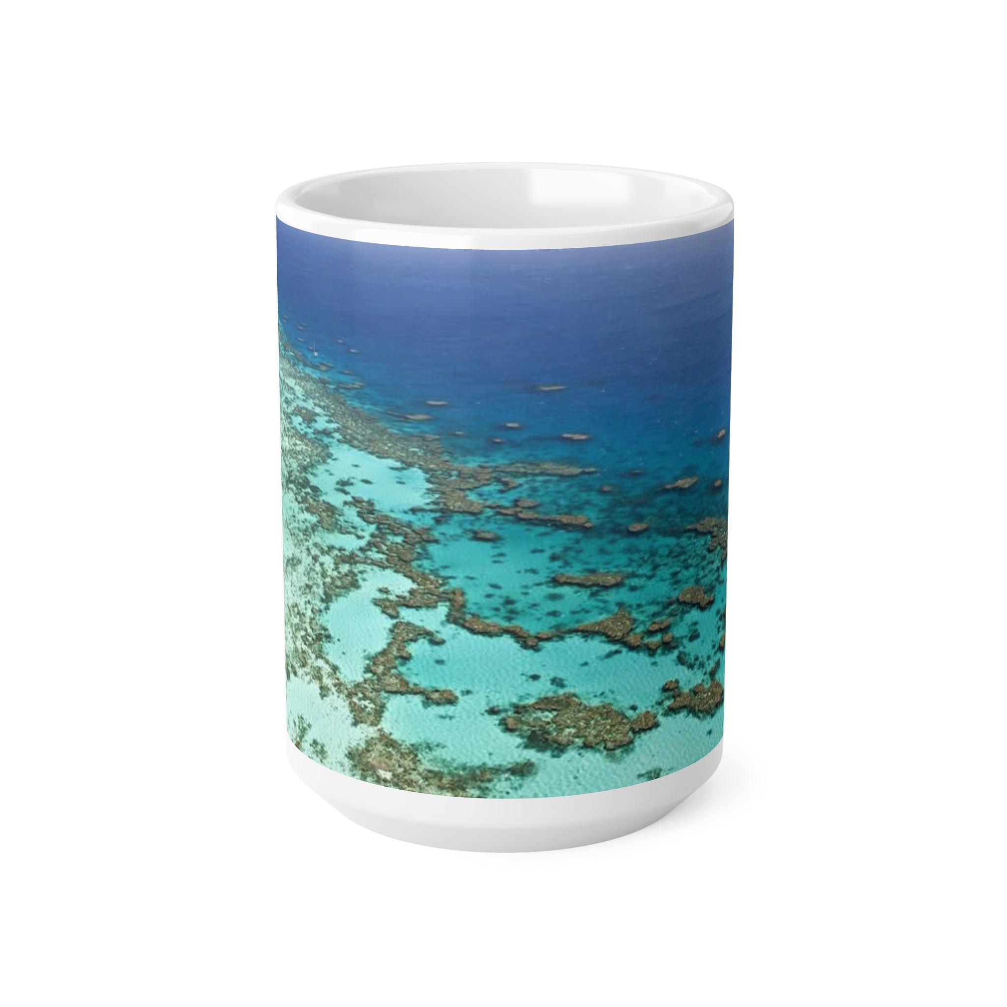 Ocean Reef Ceramic Coffee Mug — Aerial Turquoise Sea Print (11oz & 15oz)