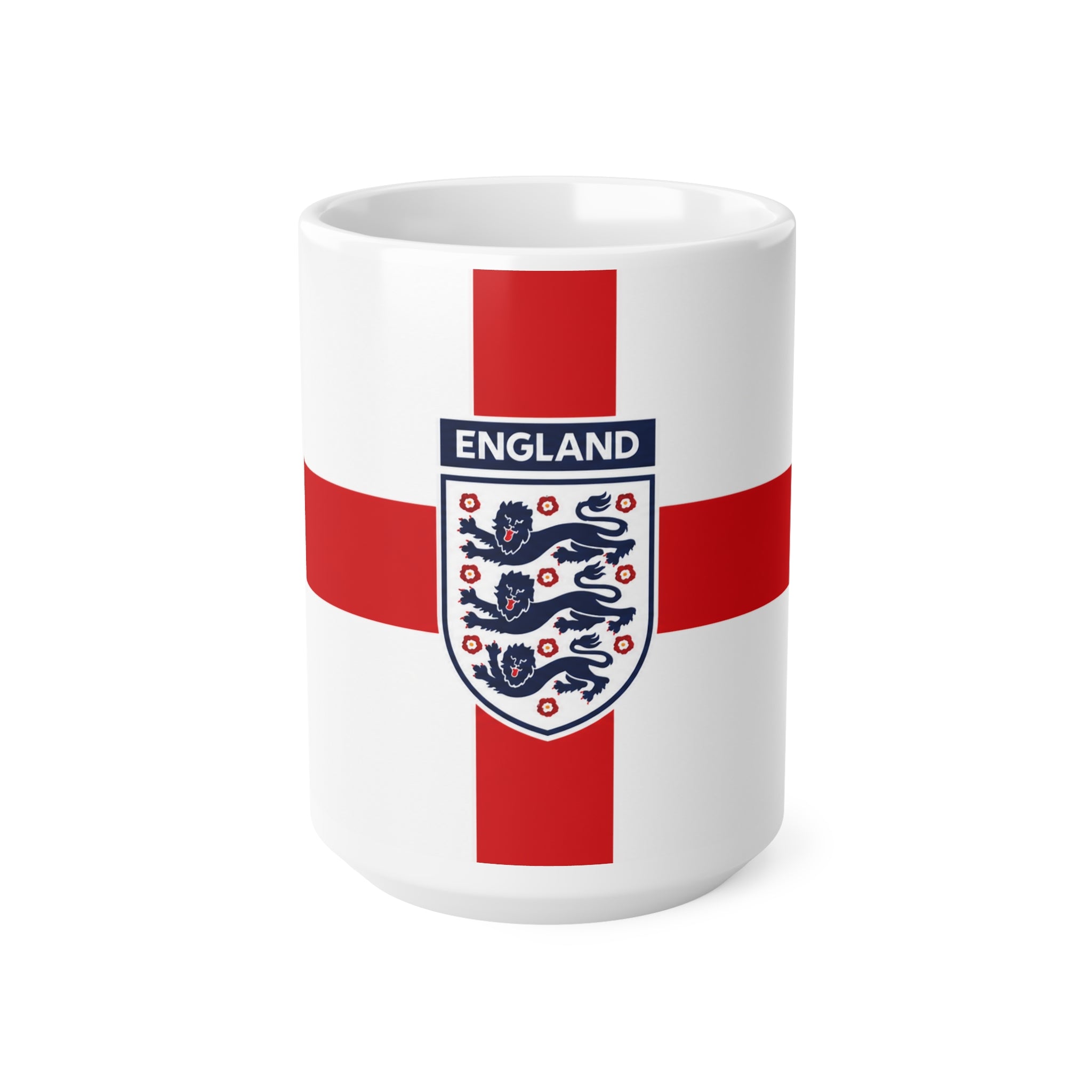 England Flag Coffee Mug — St George Cross Ceramic Tea Cup with Three Lions Crest (11oz & 15oz)