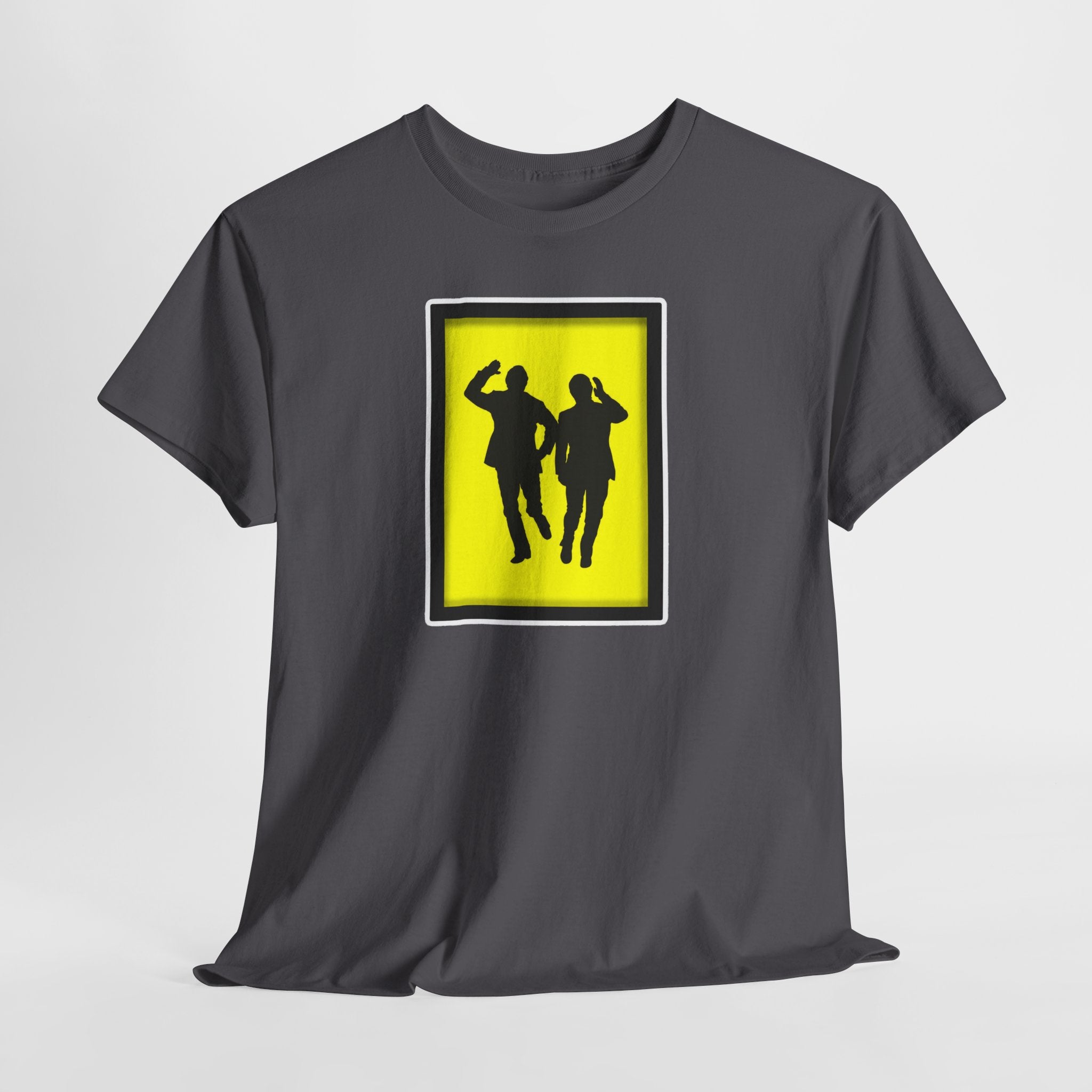 Morecambe and Wise Dancing Silhouette Tee – Retro Yellow Frame Graphic T-Shirt