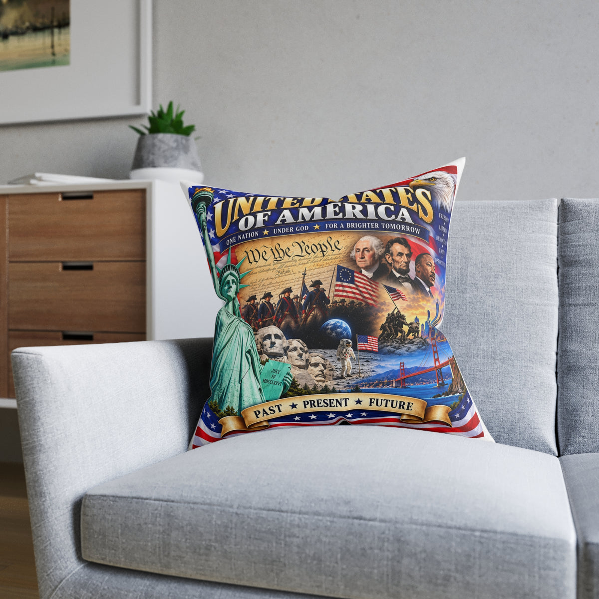 United States of America Patriotic Square Pillow — "We the People" Past Present Future