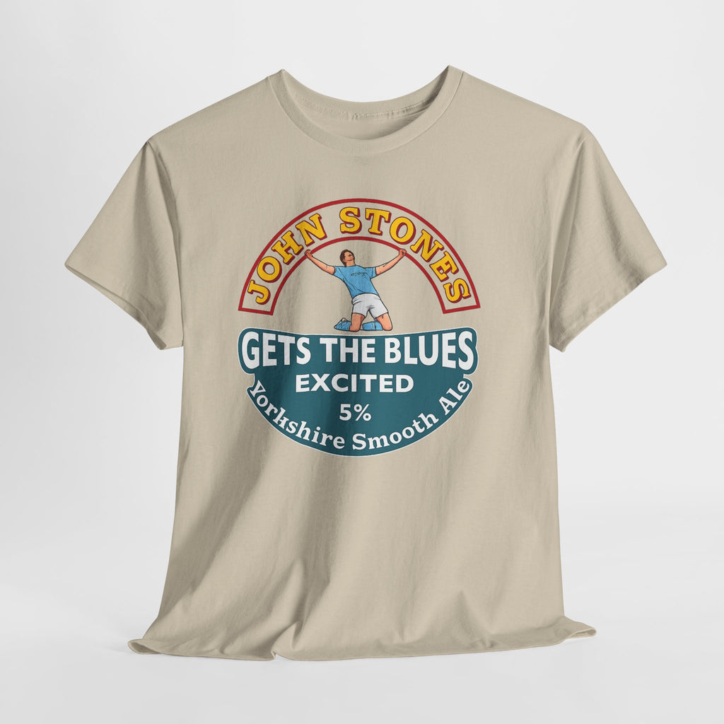 John Stones T-Shirt — "Gets The Blues Excited" Retro Ale Parody Tee