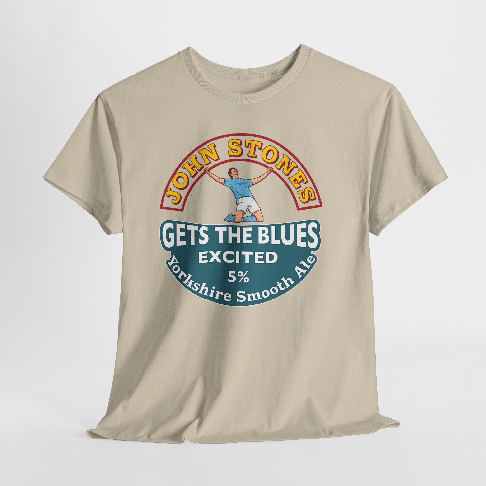 John Stones T-Shirt — "Gets The Blues Excited" Retro Ale Parody Tee