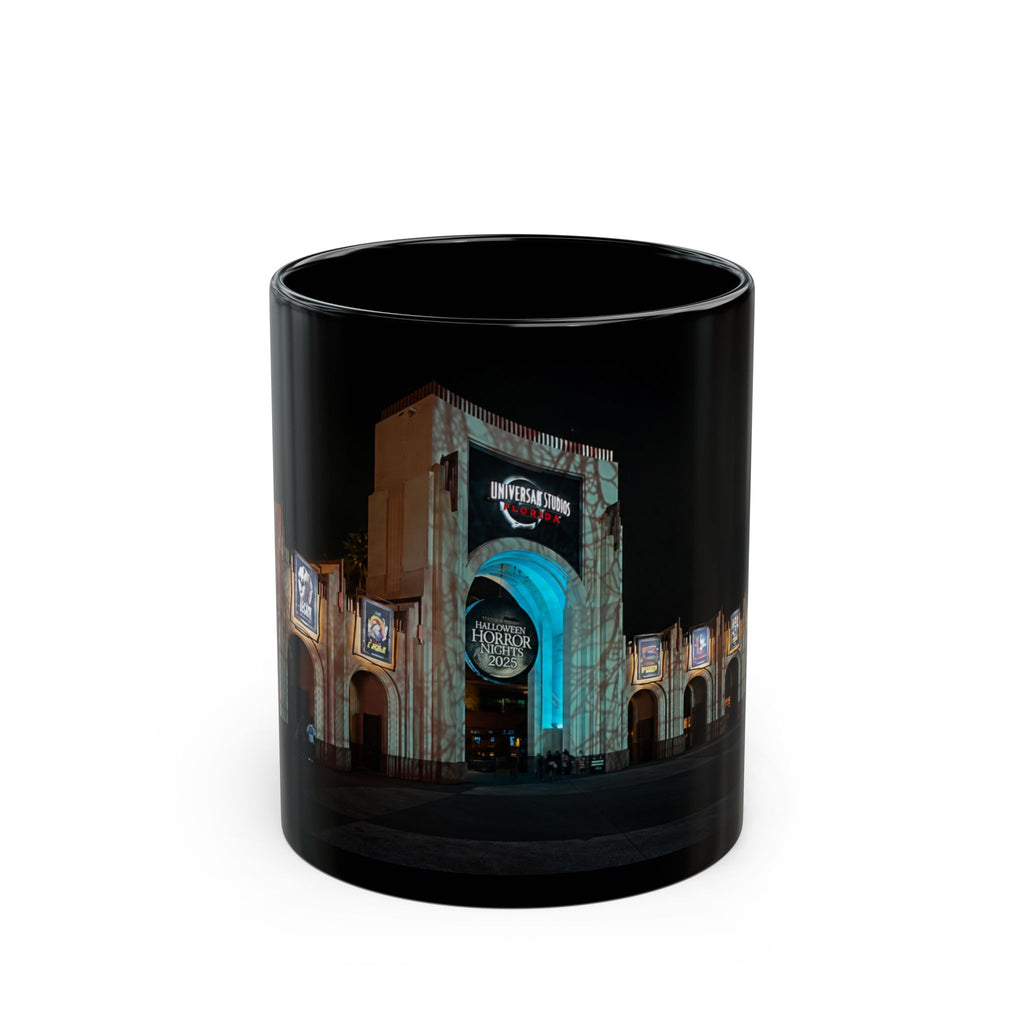 Universal HHN Black Ceramic Mug — Nighttime Theme Park Arch Photo (11oz & 15oz)