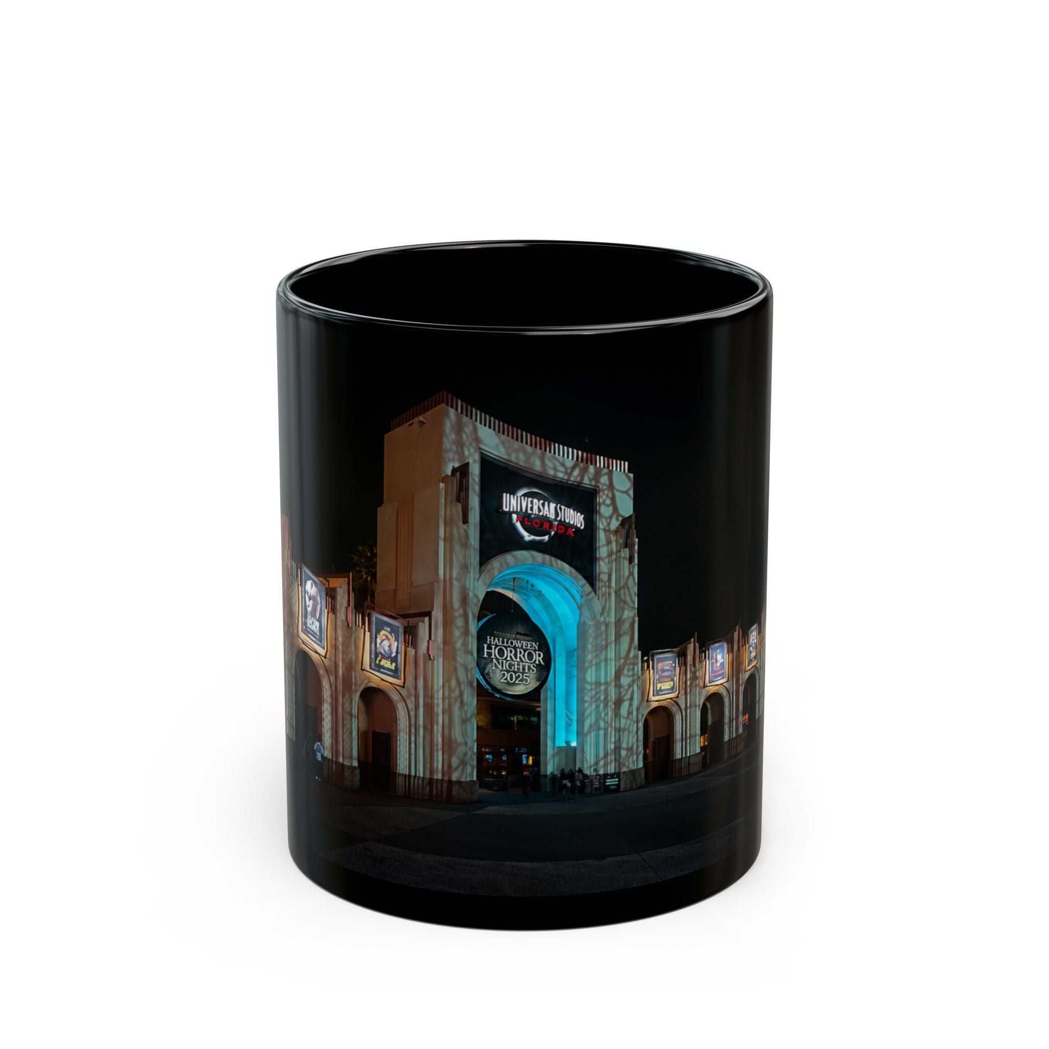 Universal HHN Black Ceramic Mug — Nighttime Theme Park Arch Photo (11oz & 15oz)