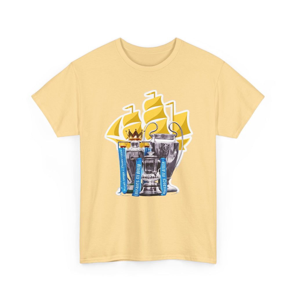 Manchester City Champions Trophy Tee – Golden Cups & Blue Scarves Football Fan Shirt