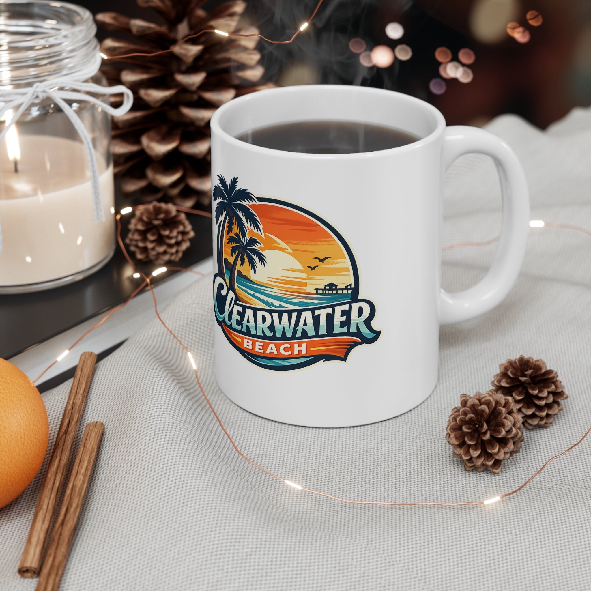 Clearwater Beach Sunset Ceramic Mug — Retro Palm Tree Coffee Cup (11oz & 15oz)