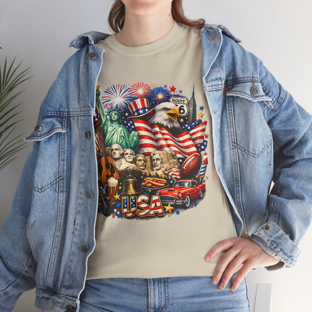 Patriotic USA Graphic Tee – American Flag, Statue of Liberty & Fireworks T-Shirt