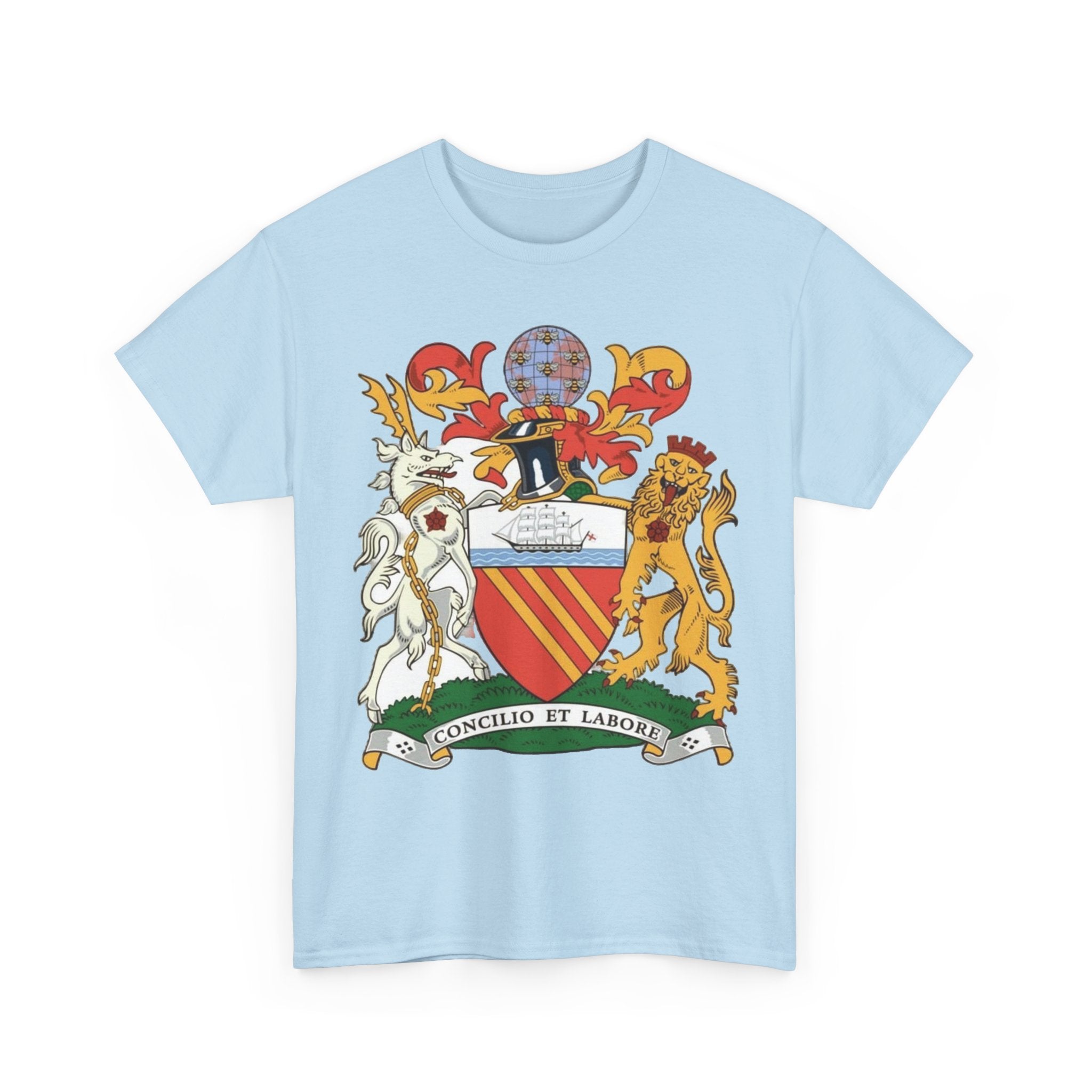 Manchester Coat of Arms Crest T‑Shirt — Heraldic Family Shield Tee with 'Concilio et Labore' Banner