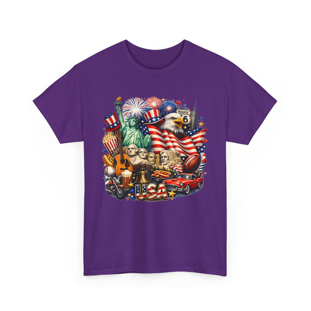 Patriotic USA Graphic Tee – American Flag, Statue of Liberty & Fireworks T-Shirt