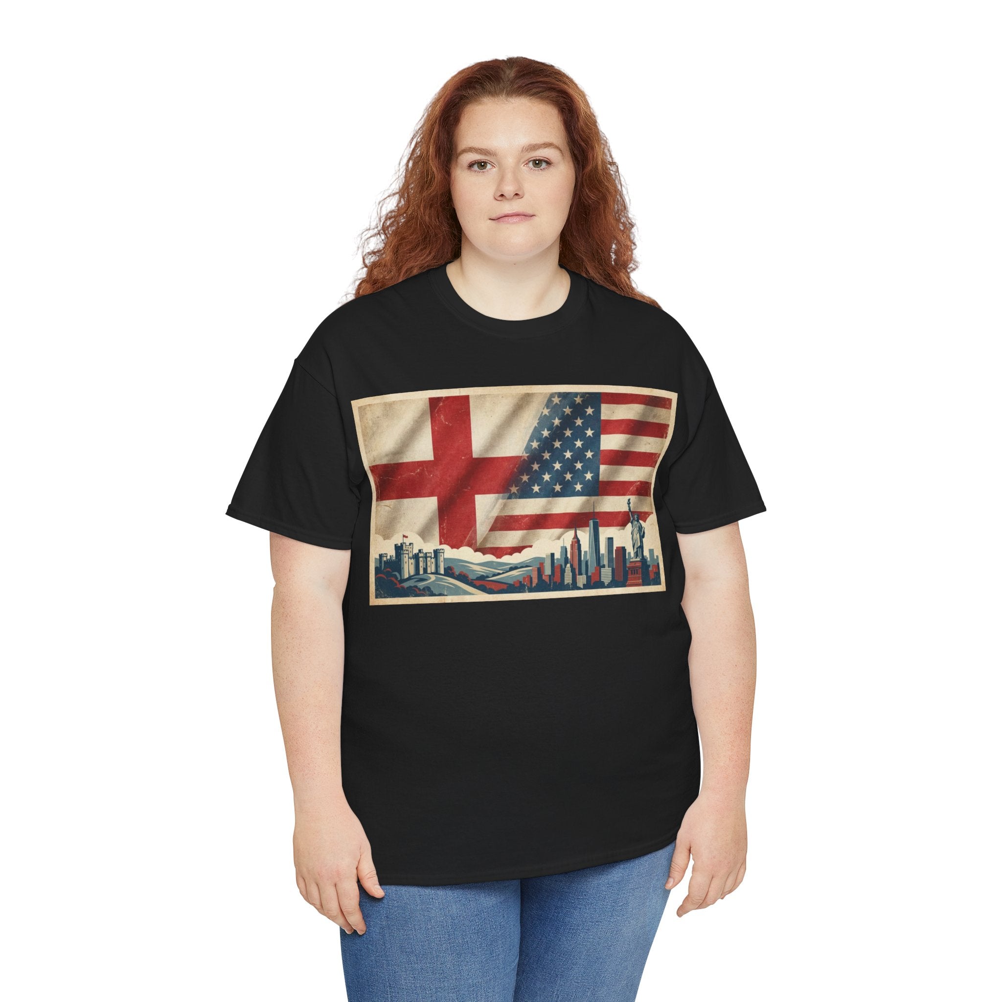 England + USA Flag Skyline T-Shirt — Vintage London & New York City Pride Tee