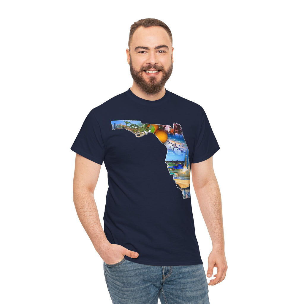 Florida State Shape T-Shirt — Scenic Beach & Sunset Map Tee