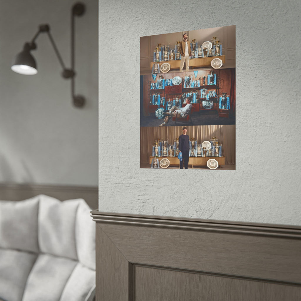 Silva, De Bruyne & Stone Trophies Manchester City Rolled Poster — Vintage Trophy Room Photo Collage