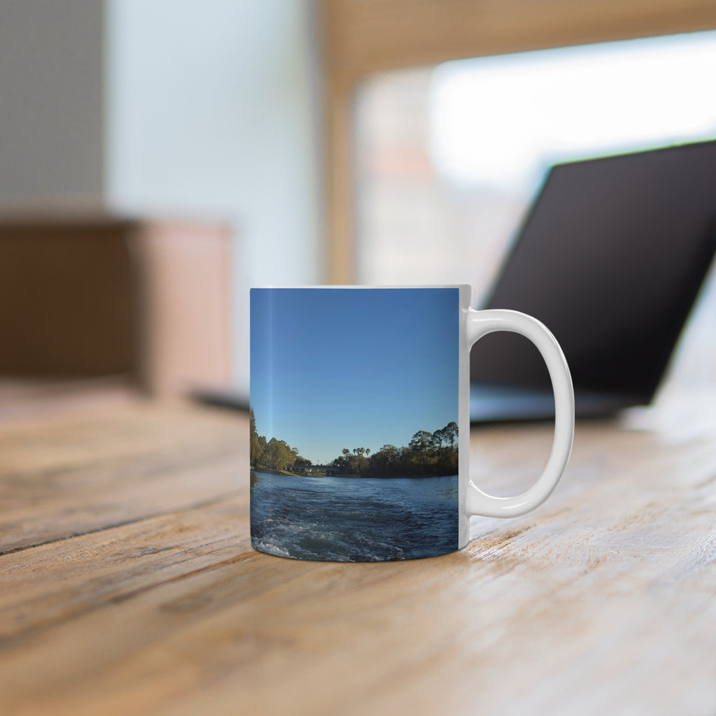 American Flag Waterfront Photo Ceramic Mug — Patriotic 11oz & 15oz Coffee Cup