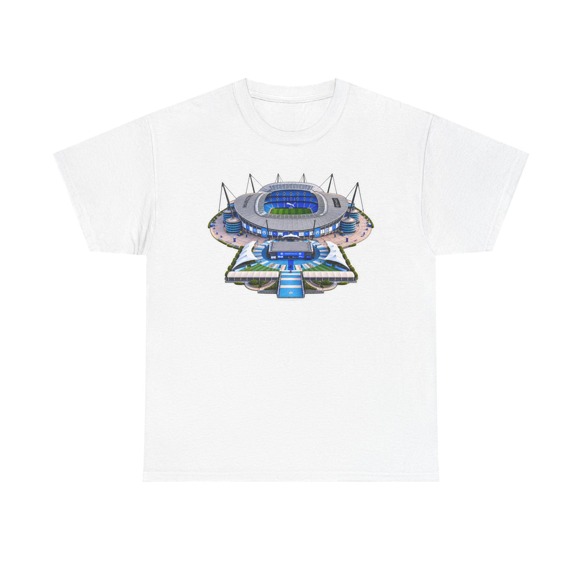 Manchester City Etihad Stadium Illustration T-Shirt — Retro Soccer Arena Graphic Tee