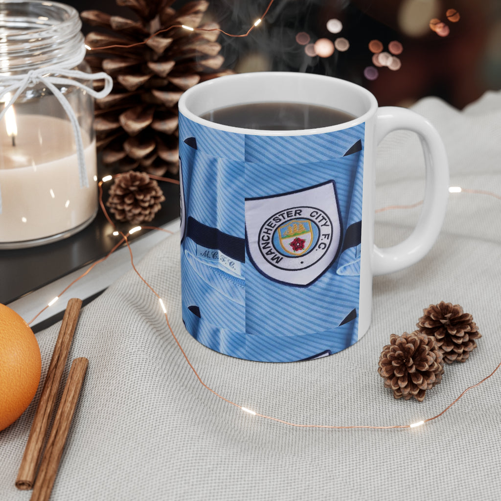 Manchester City 90's Blue Football Jersey Pattern Mug — 11oz & 15oz Ceramic Coffee Cup