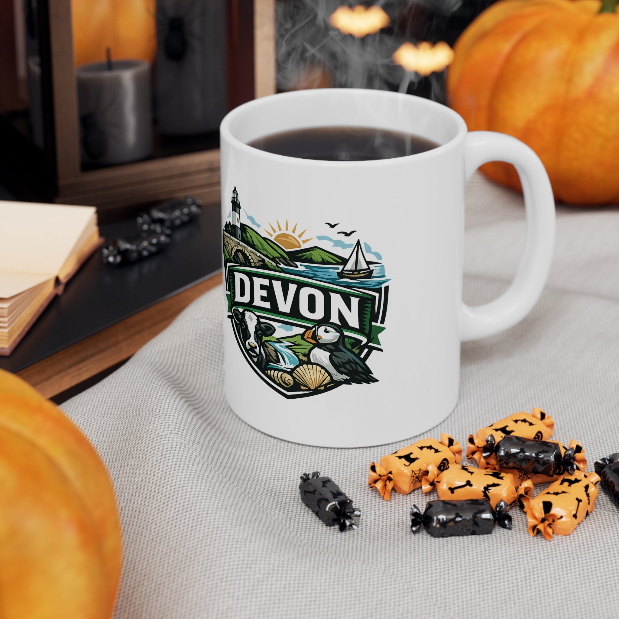 Devon Scenic Mug — Coastal Lighthouse, Puffin & Cow Ceramic Coffee Cup (11oz & 15oz)