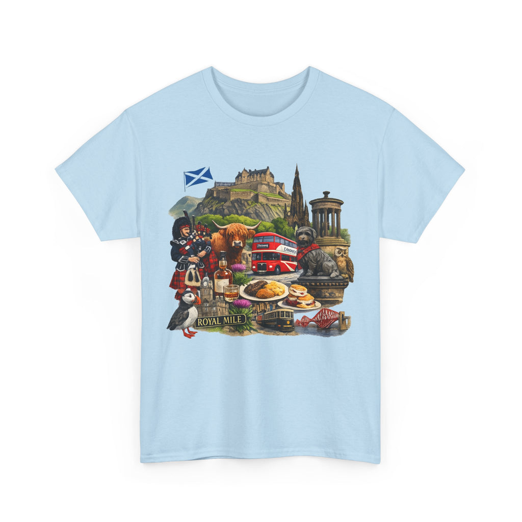 Scotland / Edinburgh Travel Collage T-Shirt — Edinburgh Castle, Bagpipes & Local Icons
