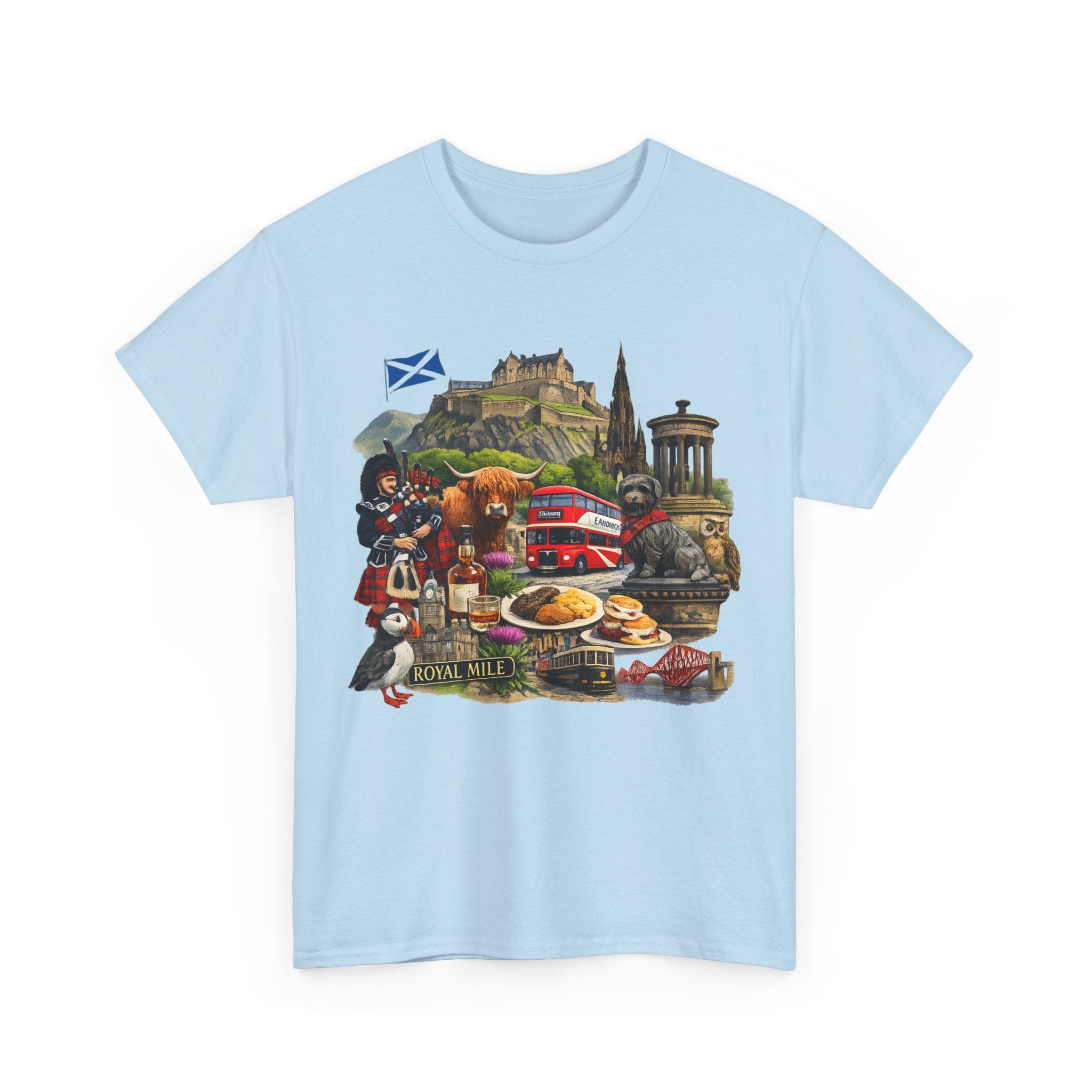 Scotland / Edinburgh Travel Collage T-Shirt — Edinburgh Castle, Bagpipes & Local Icons