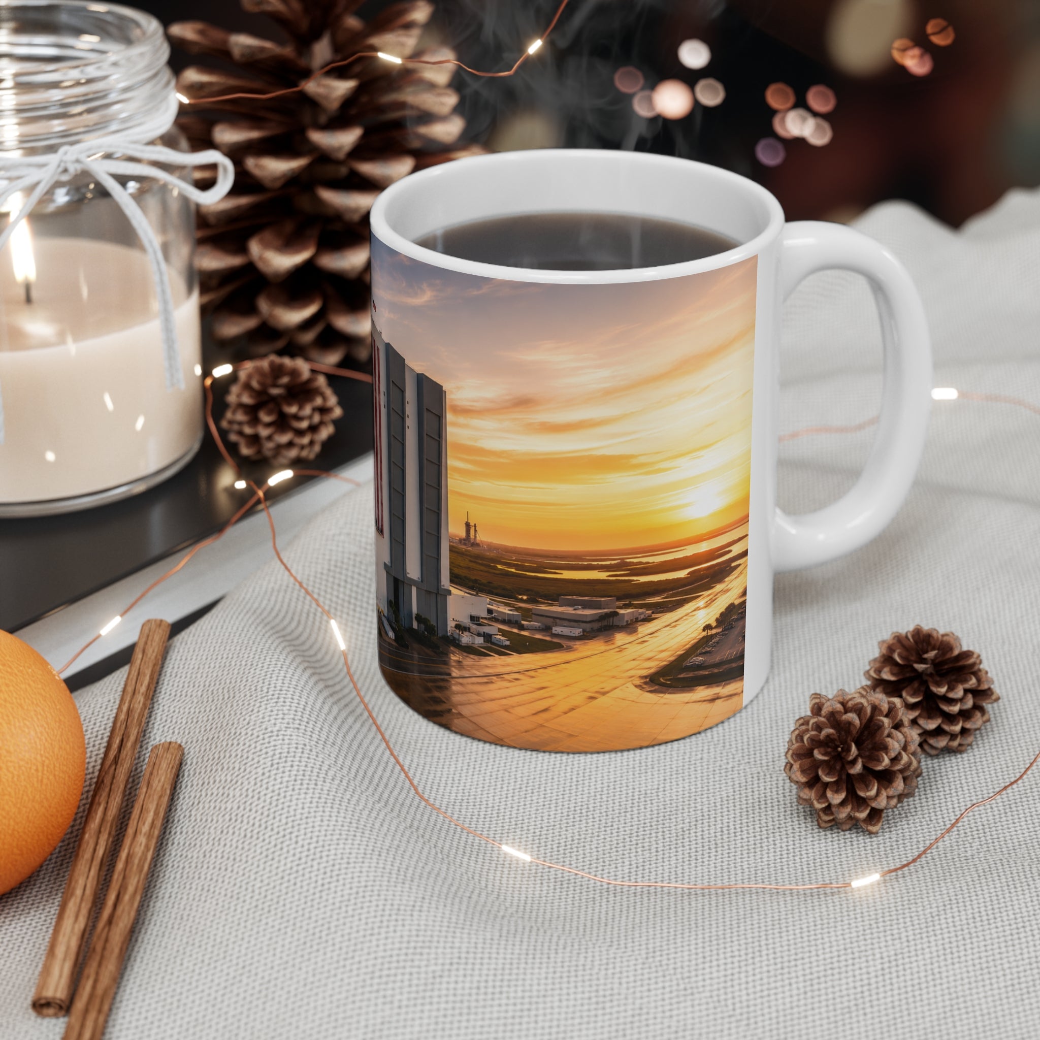 NASA Vehicle Assembly Building Sunrise Photo Mug — American Flag Ceramic Coffee Cup (11oz & 15oz)