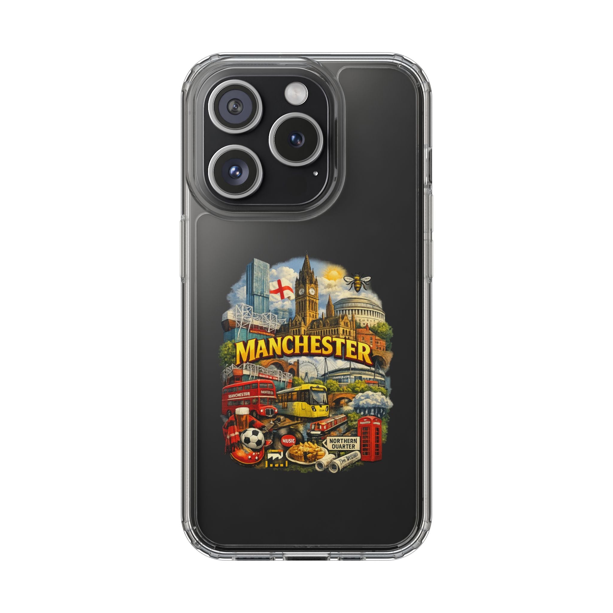 Manchester Landmark Clear Phone Case — Cityscape Collage Design