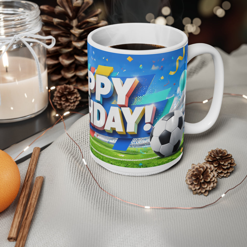 Happy Birthday Football Fan Ceramic Coffee Mug — Festive Balloons & Confetti Design (11oz, 15oz)