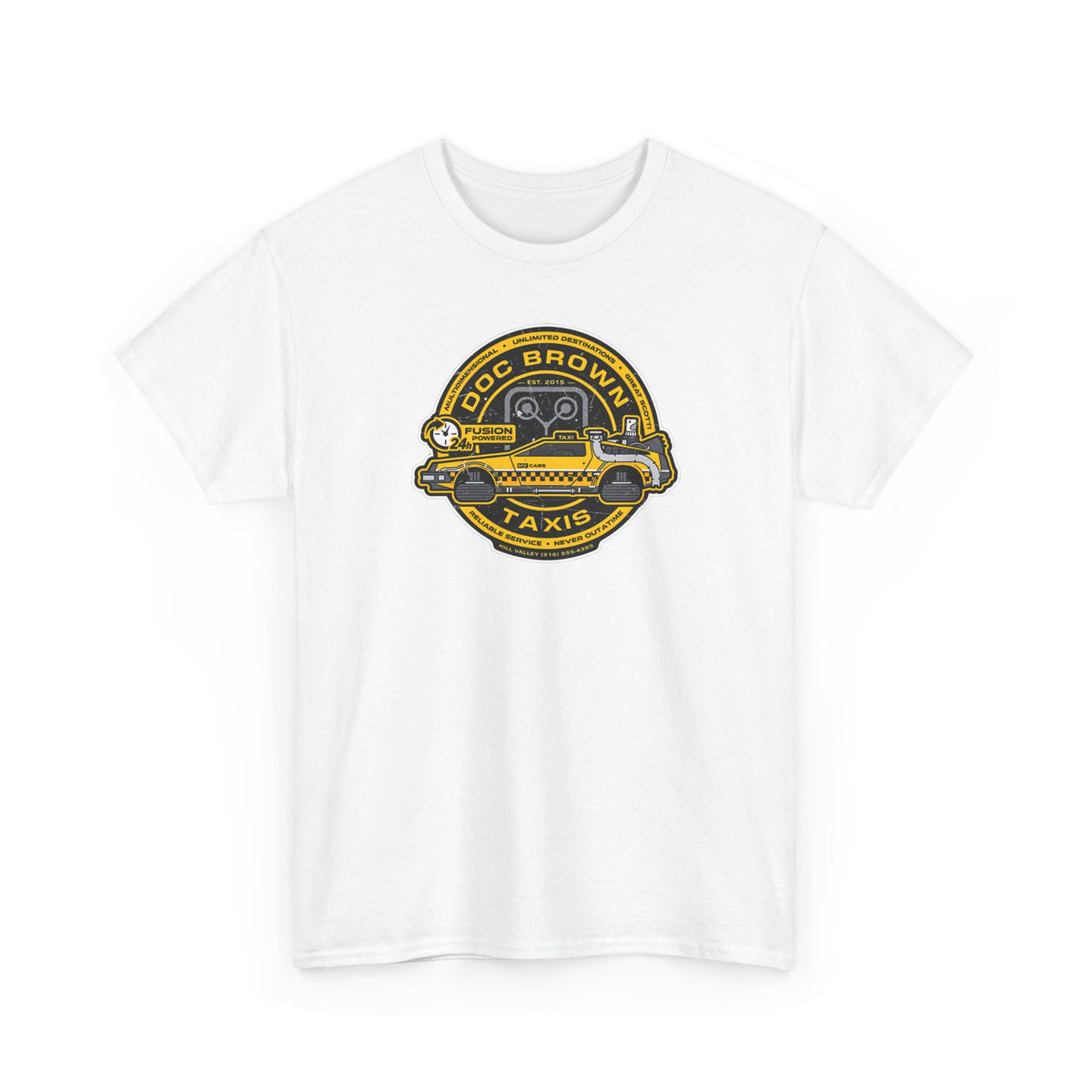 Vintage Taxi Badge T-Shirt — 'Doc Brown Taxis' Retro Cab Logo Tee