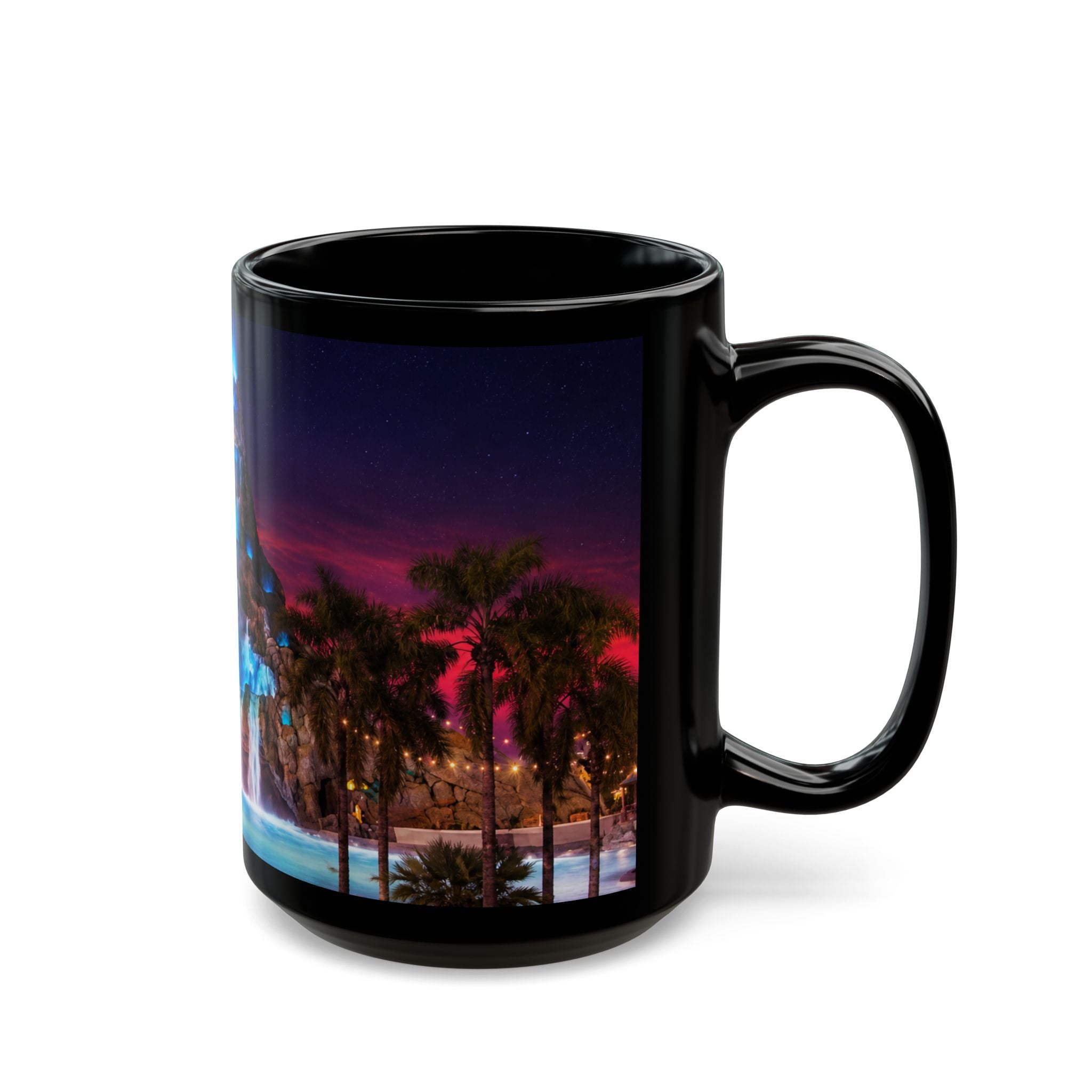 Volcano Bay at Night Black Mug — Illuminated Waterfall & Palm Tree Coffee Cup (11oz/15oz)