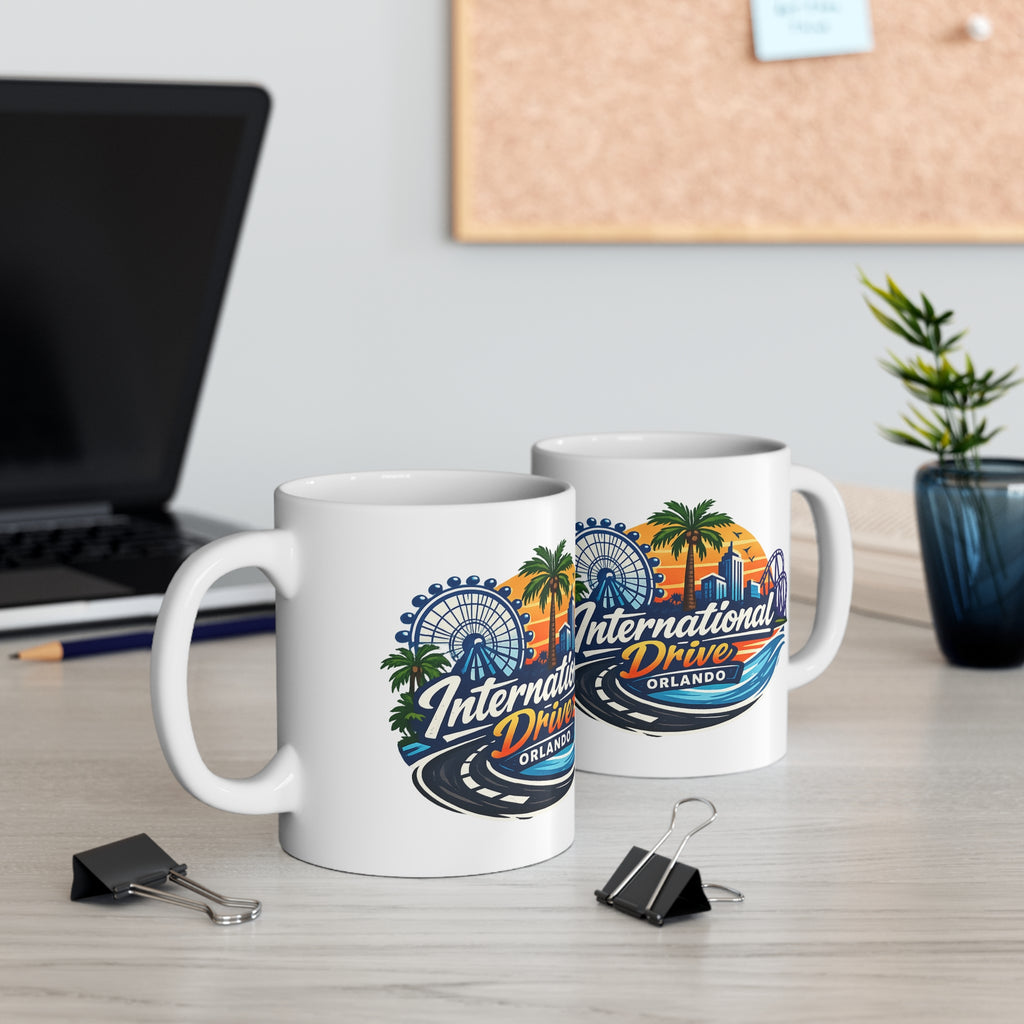 Orlando International Drive Souvenir Mug — 11oz/15oz Ceramic Coffee Cup with Ferris Wheel & Sunset Design