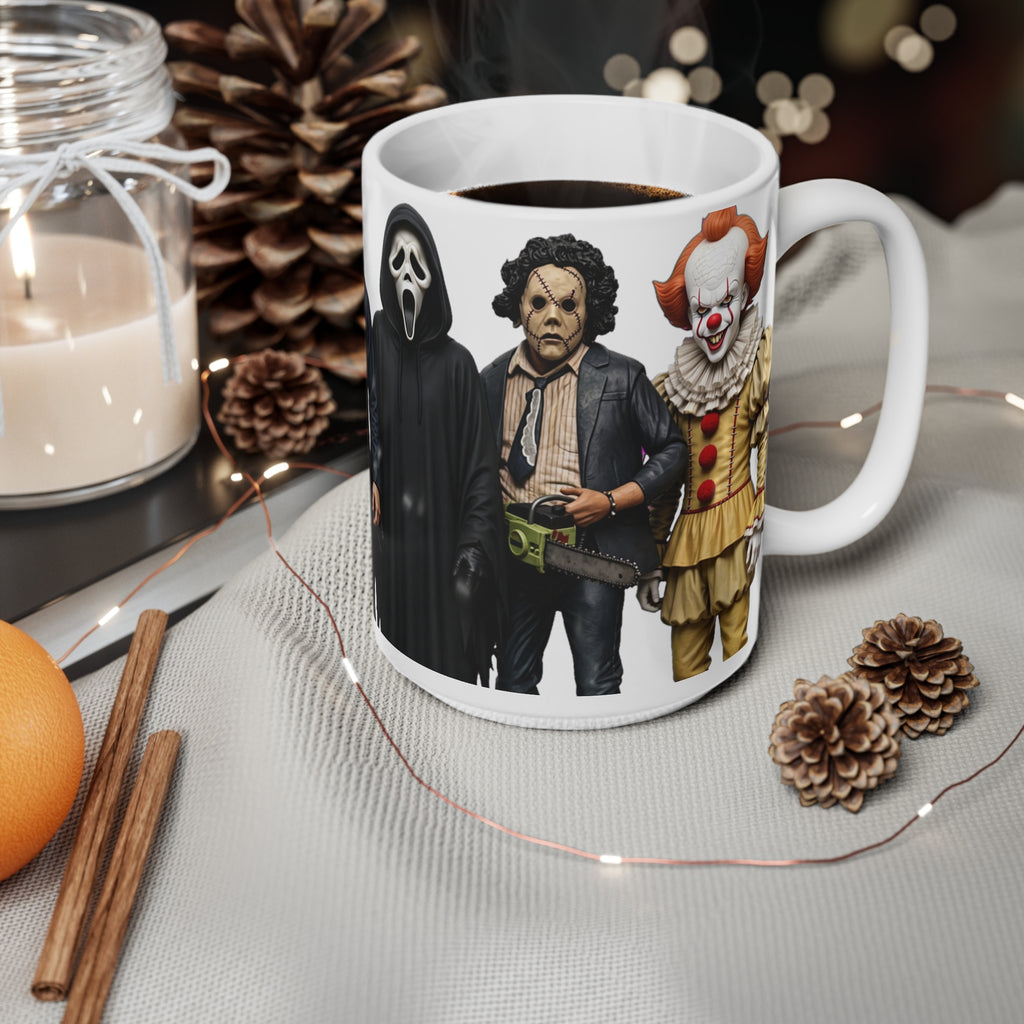 Horror Movie Villains Mug – Michael Myers, Freddy, Jason & Ghostface Ceramic Coffee Cup (11oz & 15oz)