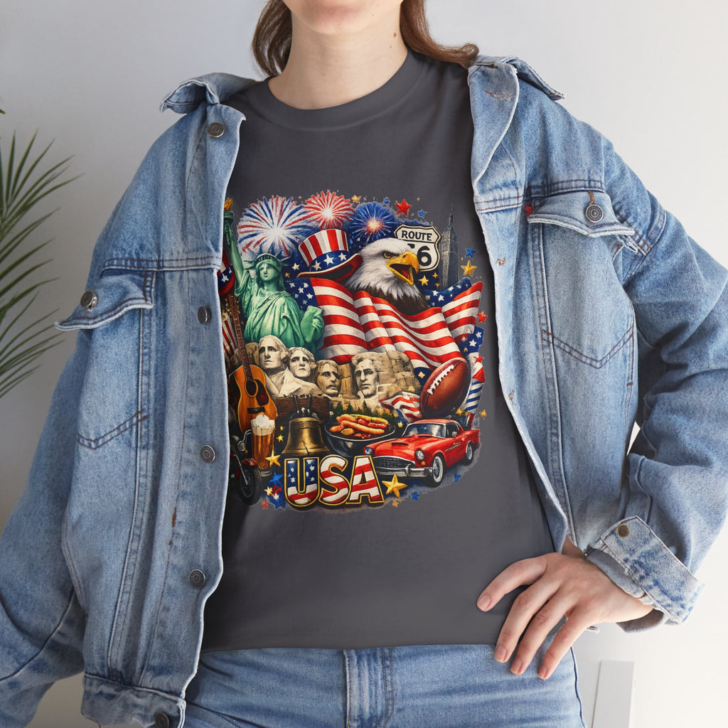 Patriotic USA Graphic Tee – American Flag, Statue of Liberty & Fireworks T-Shirt