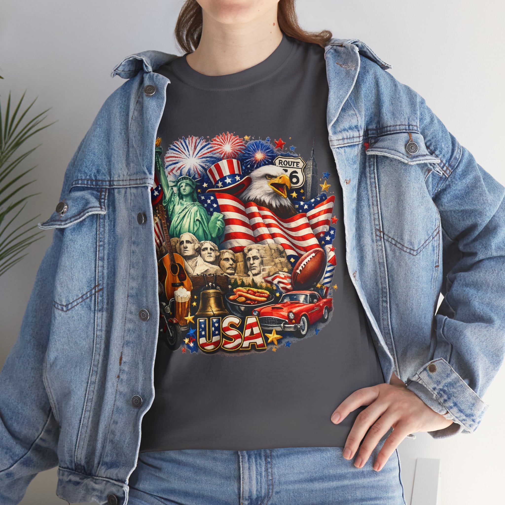 Patriotic USA Graphic Tee – American Flag, Statue of Liberty & Fireworks T-Shirt