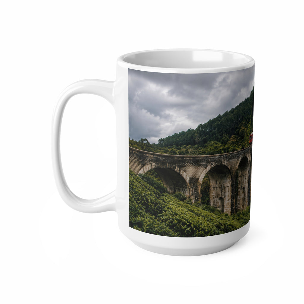 Scenic Viaduct Train Ceramic Mug – Vintage Red Engine on Mountain Bridge (11oz/15oz)