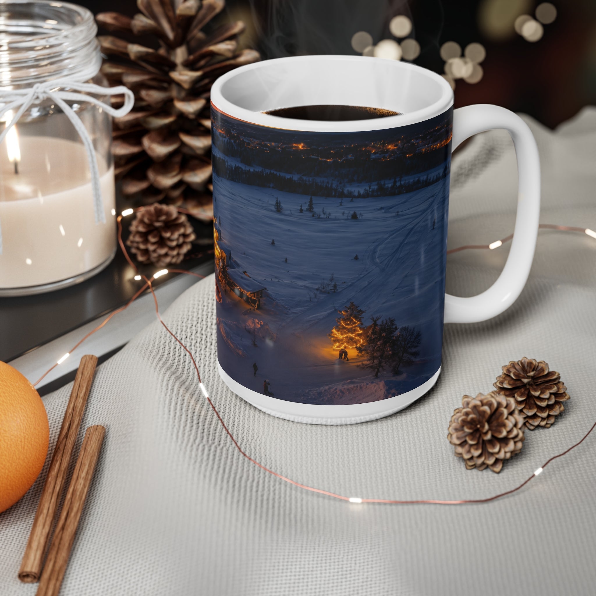 Winter Cabin Night Ceramic Mug – Cozy Snowy Village 11oz & 15oz