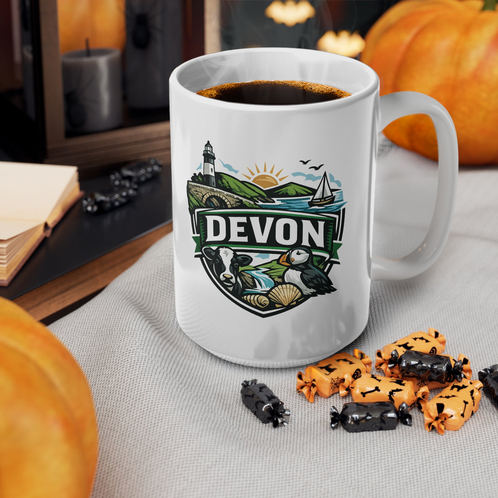 Devon Scenic Mug — Coastal Lighthouse, Puffin & Cow Ceramic Coffee Cup (11oz & 15oz)