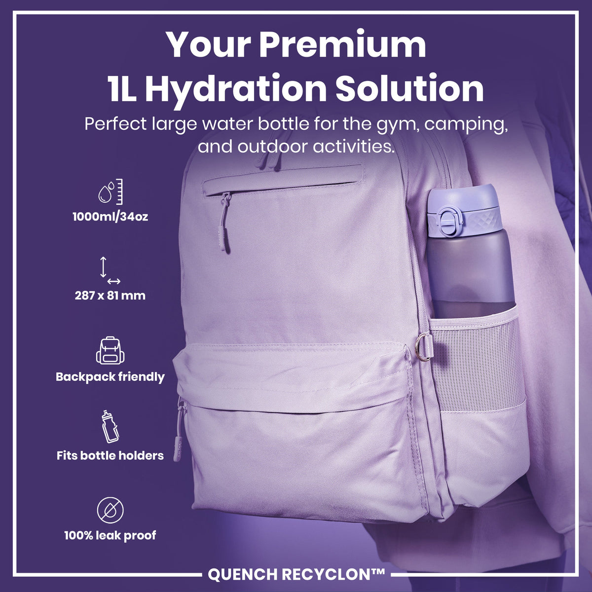 Leak Proof 1 litre Water Bottle, Recyclon, Light Purple, 1L