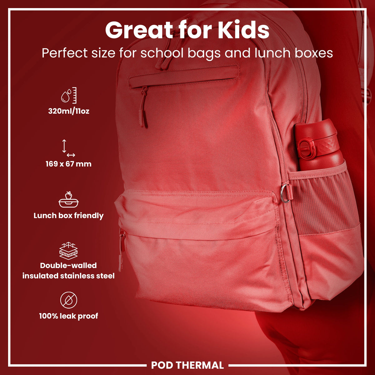 Leak Proof Thermal Steel Water Bottle, Insulated, Red, 320ml (11oz)