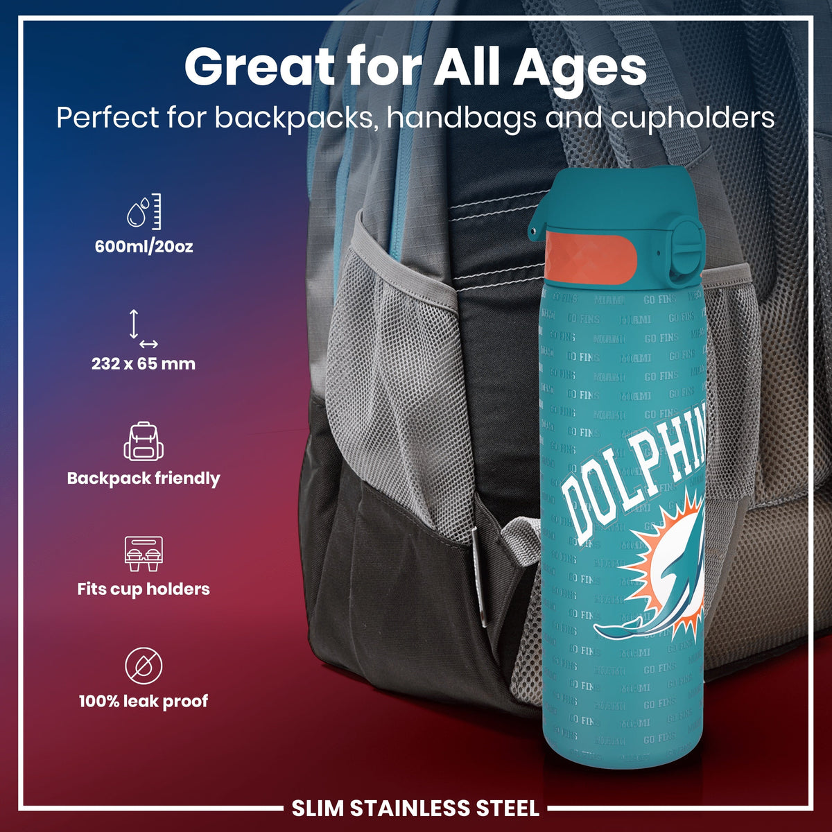 Leak Proof NFL Water Bottle, Stainless Steel, Miami Dolphins, 600ml (20oz)