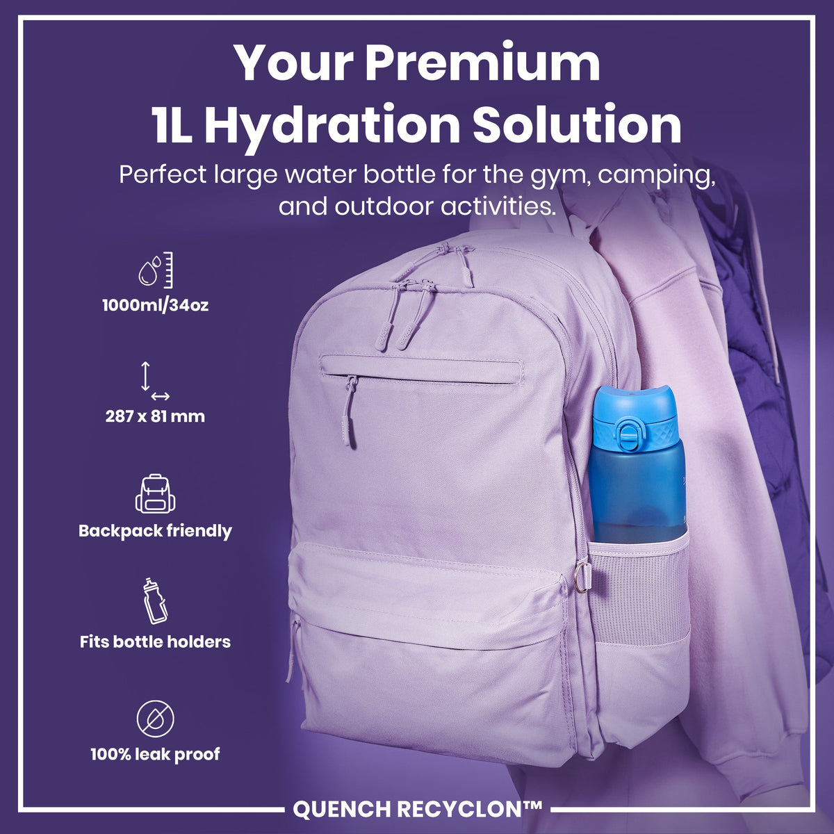 Leak Proof 1 Litre Water Bottle with Times to Drink, Recyclon, Blue & Pink, 1L