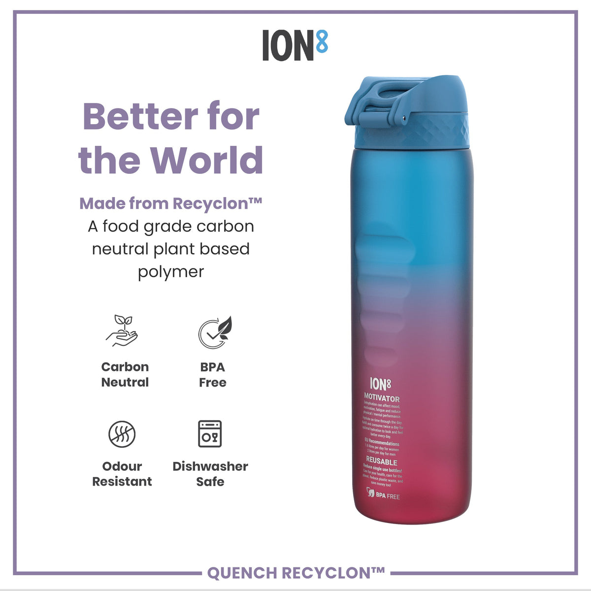 Leak Proof 1 Litre Water Bottle with Times to Drink, Recyclon, Blue & Pink, 1L