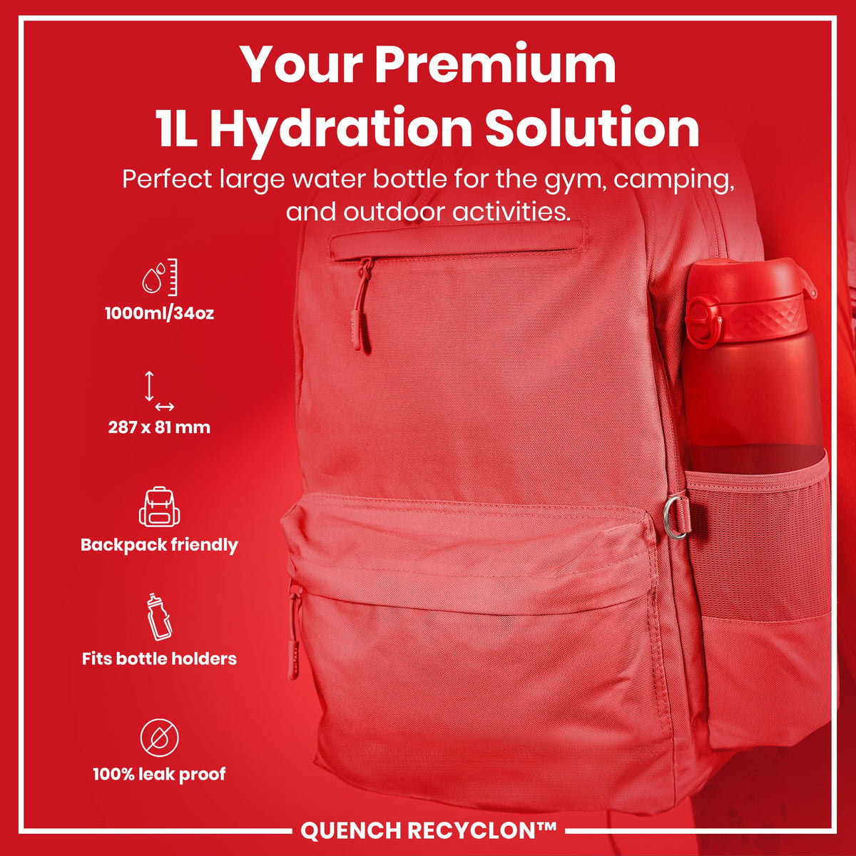 Leak Proof 1 litre Water Bottle, Recyclon, Red, 1L