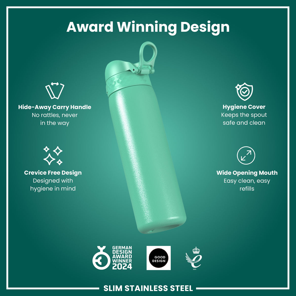 Leak Proof Slim Water Bottle, Stainless Steel, Teal, 600ml (20oz)