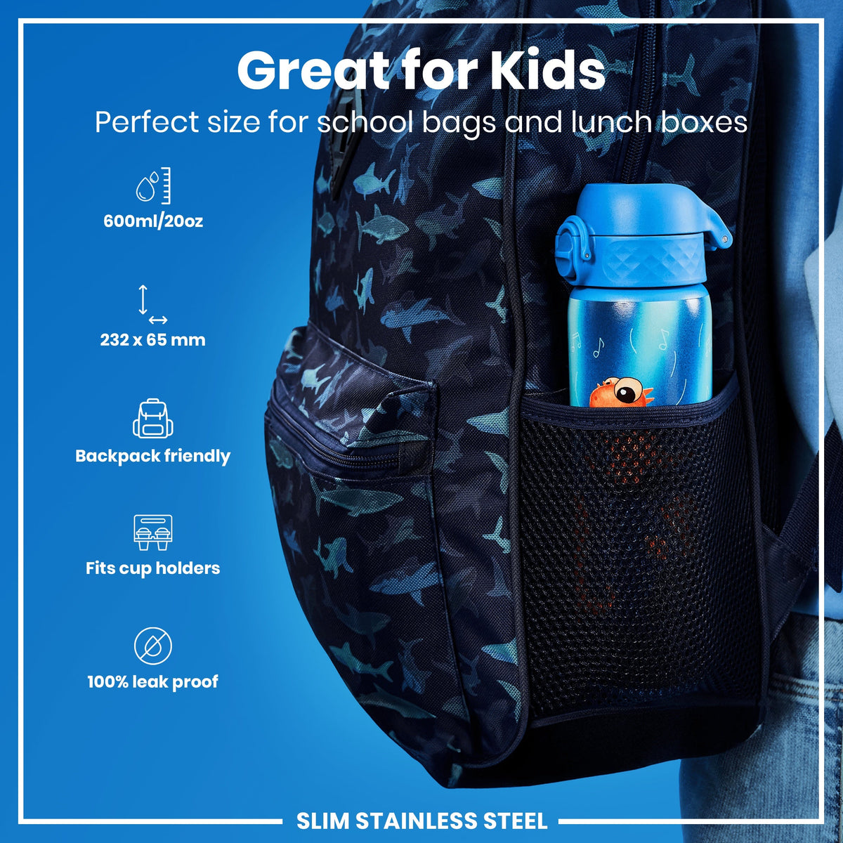 Leak Proof Slim Water Bottle, Stainless Steel, Dino Band, 600ml (20oz)