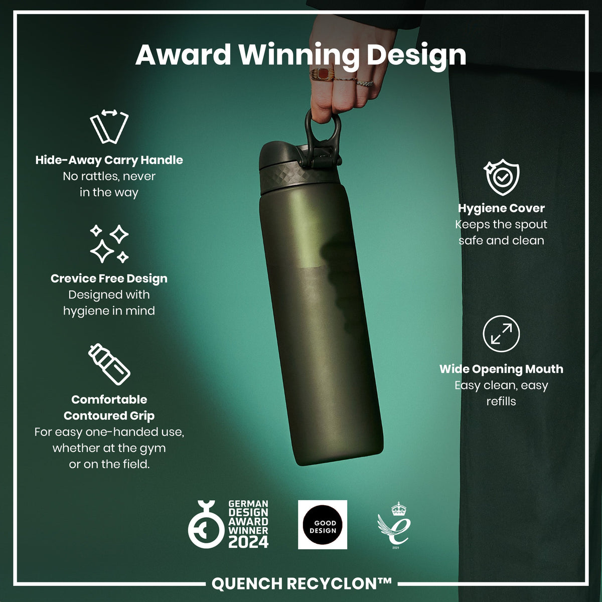 Leak Proof 1 litre Water Bottle, Recyclon, Dark Green, 1L